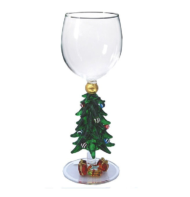 Green Xmas tree w/ presents Hand Blown Wine Glass