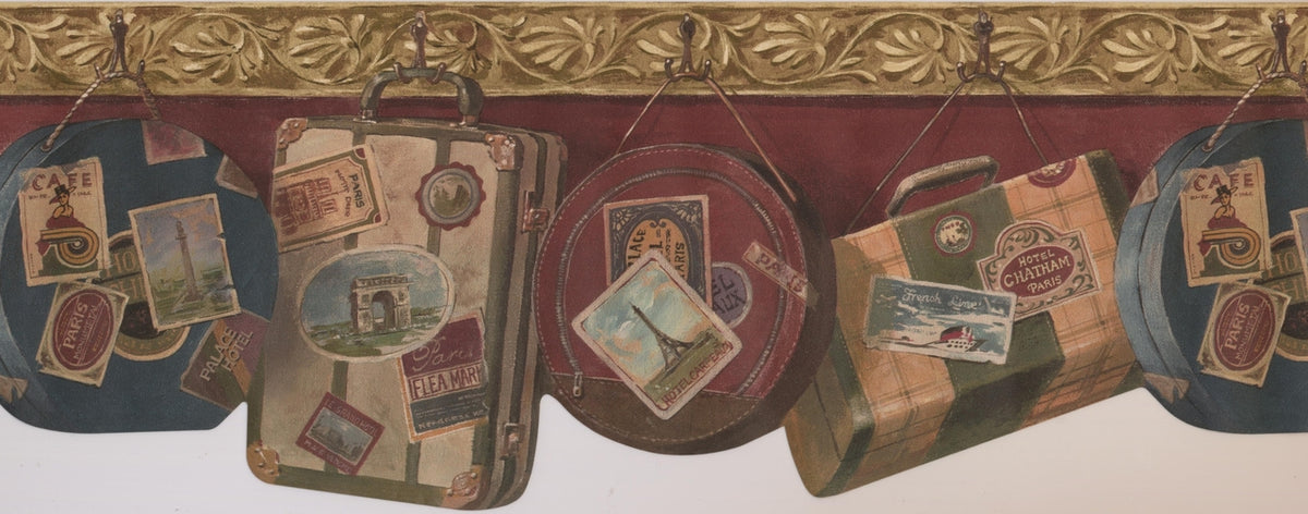 Vintage Suitcases Bags on Hooks Maroon Red FFM10061 Wallpaper Border