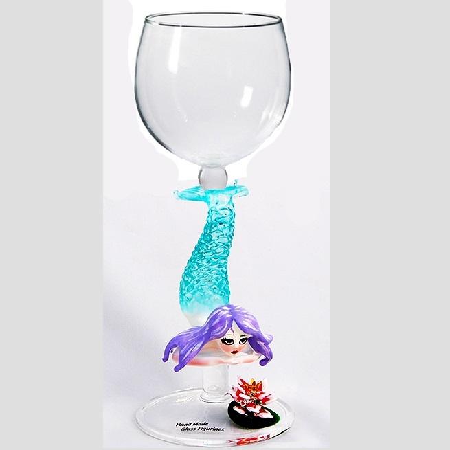 Blue Mermaid Hand Blown Wine Glass