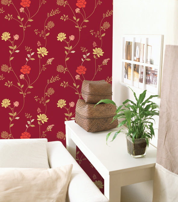 Dark Red Floral Contact Paper Shelf Liner 