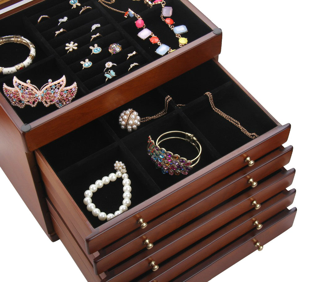 Wooden Walnut Finish Large 5 Drawer Jewelry Box