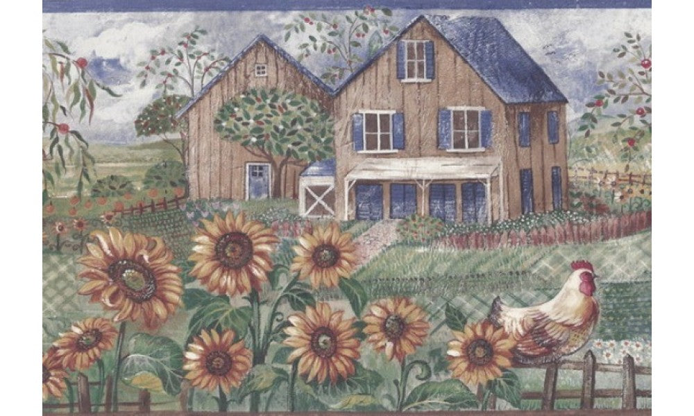 Blue Frontyard Sunflower Roosters CS528 Wallpaper Border