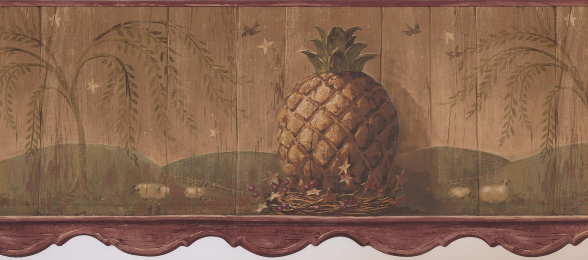 Vintage Pineapple Purple Berries Faux Carved Wood HS3091B Wallpaper Border