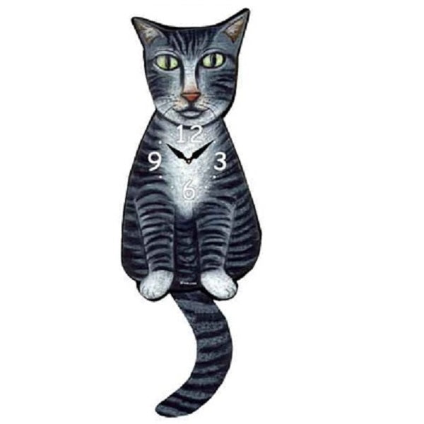 Grey Tabby Cat Wagging Pendulum Clock