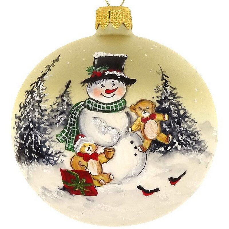 Hand Painted Snowman &amp; Puppy Mouth Blown Christmas Ornament