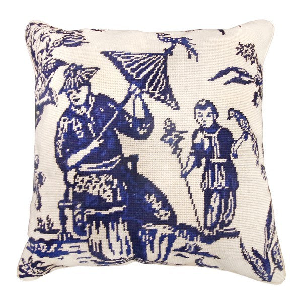 Boy with Bird - Blue 18x18 Needlepoint Pillow