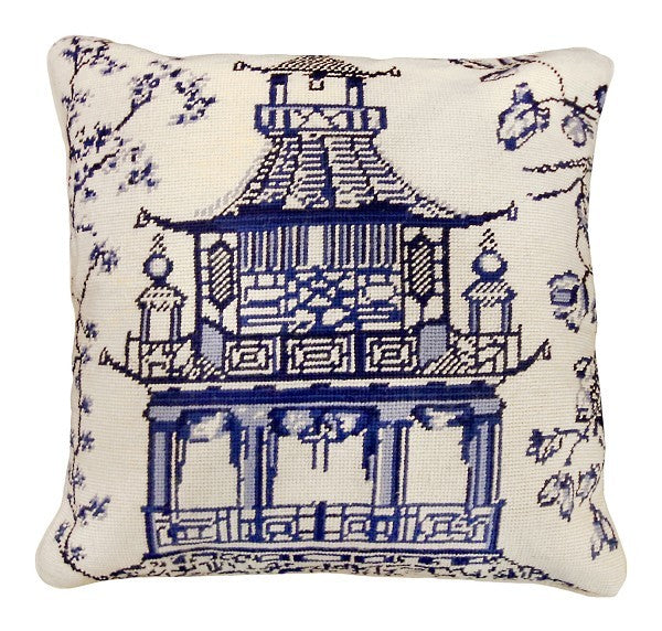 Blue Pagoda 18x18 Needlepoint Pillow