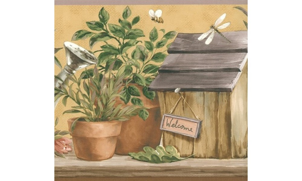 Taupe Plants in Pots KR2238 Wallpaper Border