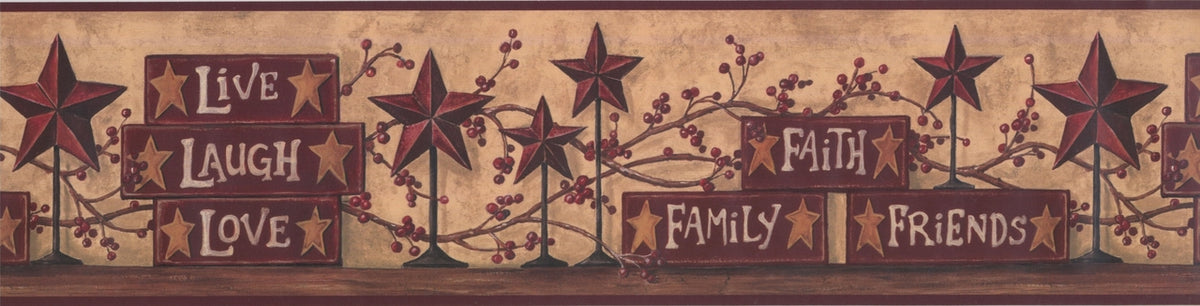 Dark Red Star Berries Live Laugh Love Brown CB5502BD Wallpaper Border