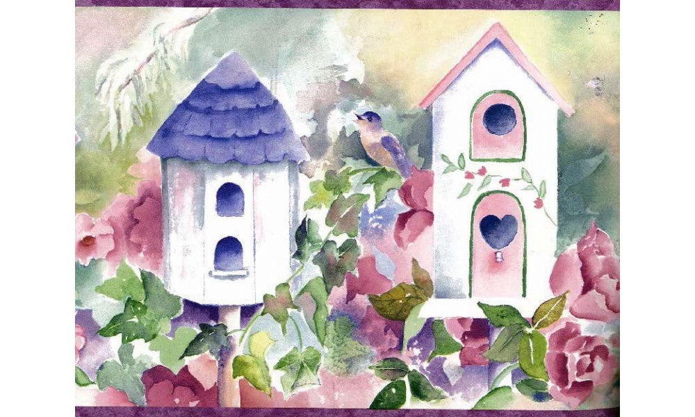 Moss Birdhouses Flowers SI37193 Wallpaper Border