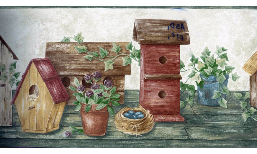 Maroon Wooden Bird Houses HRB4104 Wallpaper Border