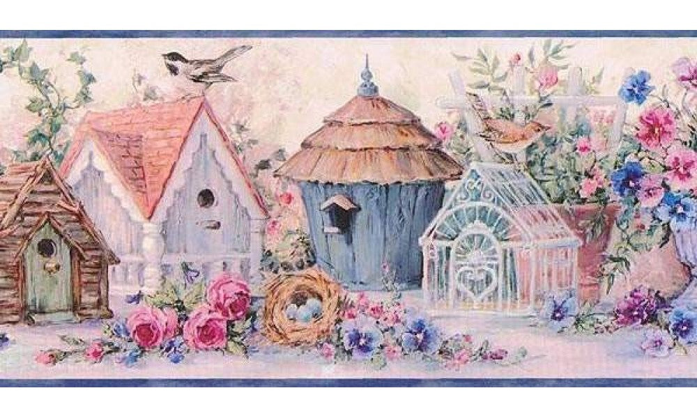 Blue Flowers And Bird Houses DW30101 Wallpaper Border