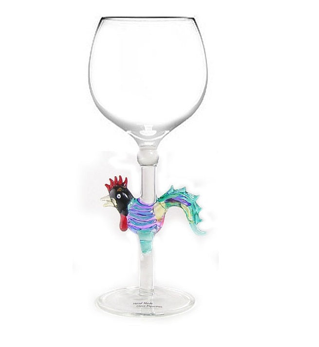 Red Rooster Hand Blown Wine Glass