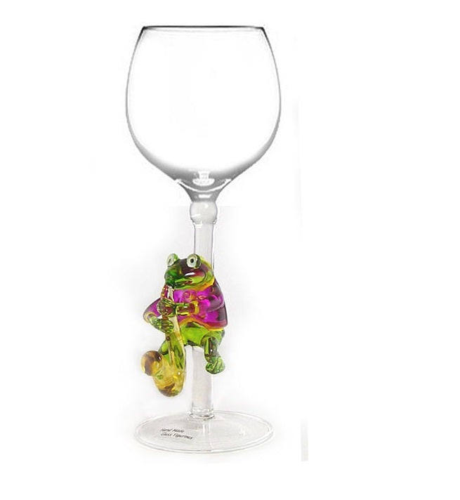 Purple Frog playing saxophone Hand Blown Wine Glass