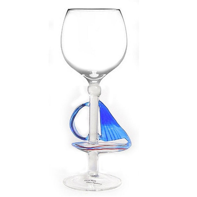 Blue Sailboat Hand Blown Wine Glass