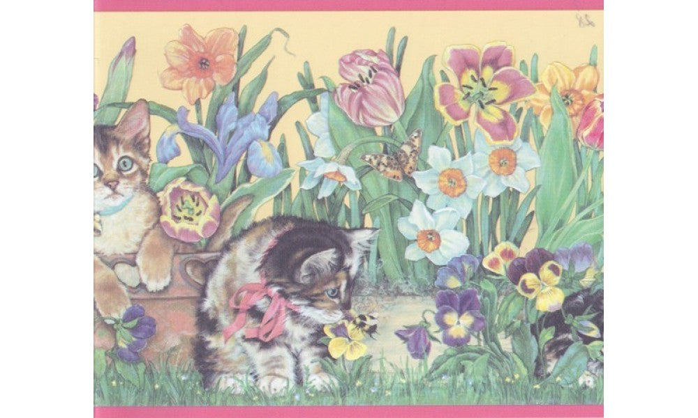 Pink Yellow Floral Kittens CT102261 Wallpaper Border