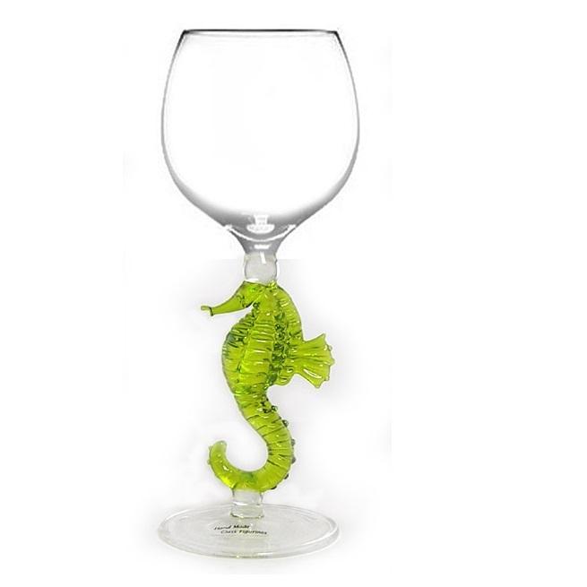 Lime Seahorse Hand Blown Wine Glass