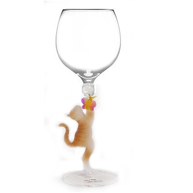 Soft Brown Cat / Butterfly Hand Blown Wine Glass