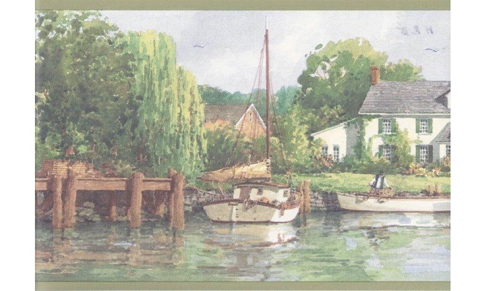 Olive White Boat Lakeshore Scenery HRB4157 Wallpaper Border