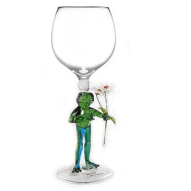 Green Frog / Flowers  Hand Blown Wine Glass