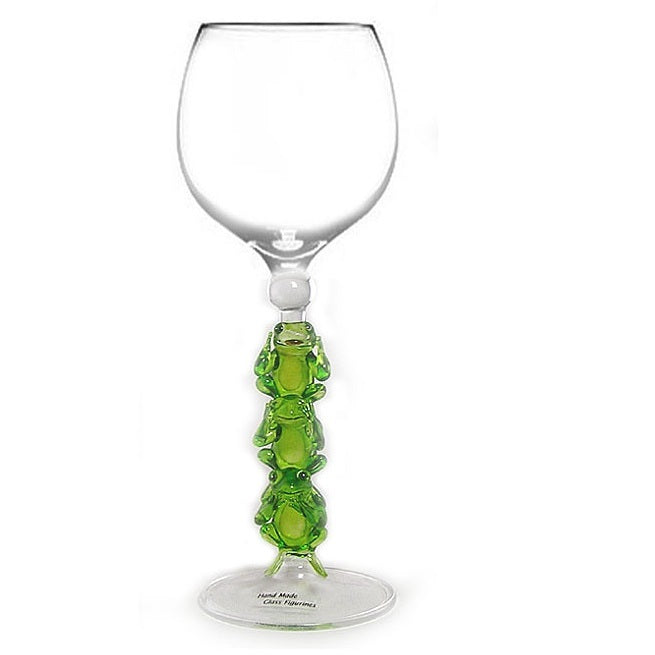 Green 3 Frogs /See, Hear, Speak No Evil Hand Blown Wine Glass