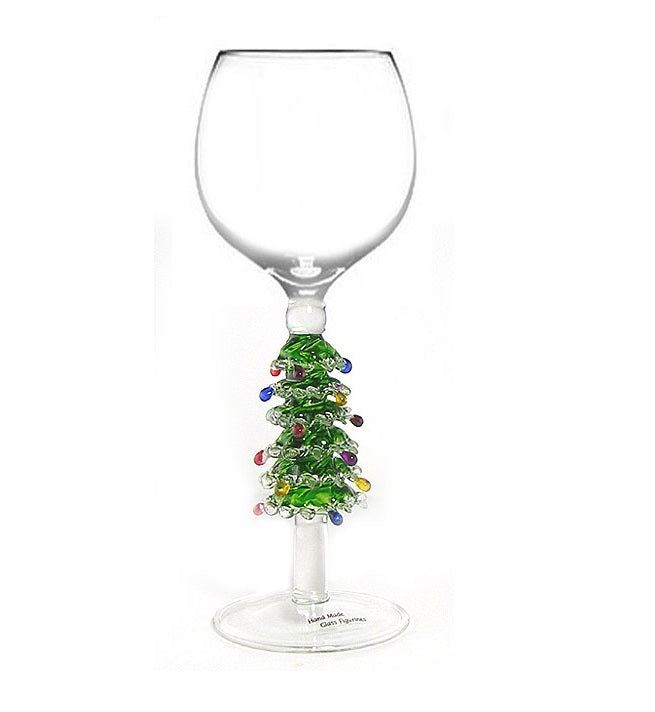 Green Christmas tree Hand Blown Wine Glass