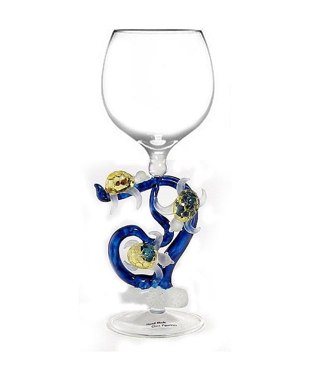 Blue Turtles on a coral Hand Blown Wine Glass