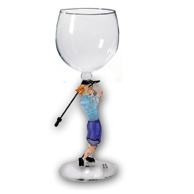 Light Blue Female golfer Hand Blown Wine Glass