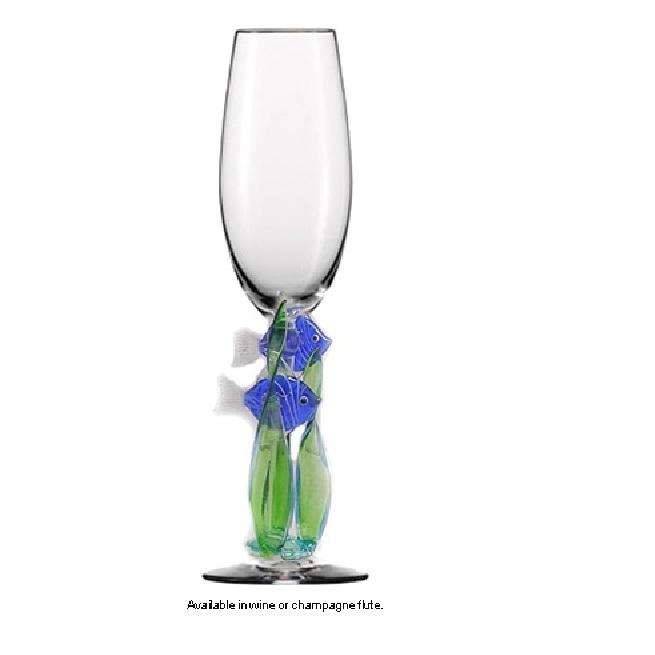 Green Two Blue Fish Hand Blown Wine Glass