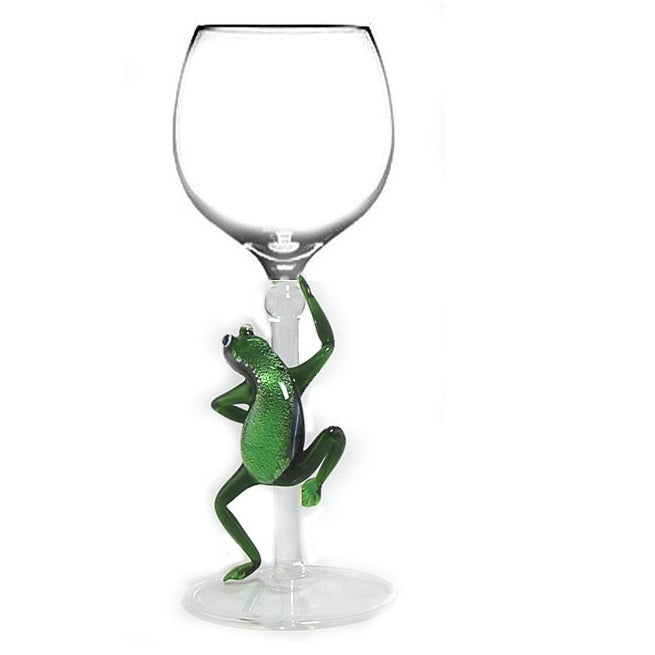 Green Frog Hand Blown Wine Glass