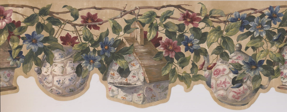 Porcelain Birdhouse on the Vine Purple Flowers FFM10001B Wallpaper Border