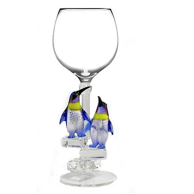 Blue 2 Penguins Hand Blown Wine Glass