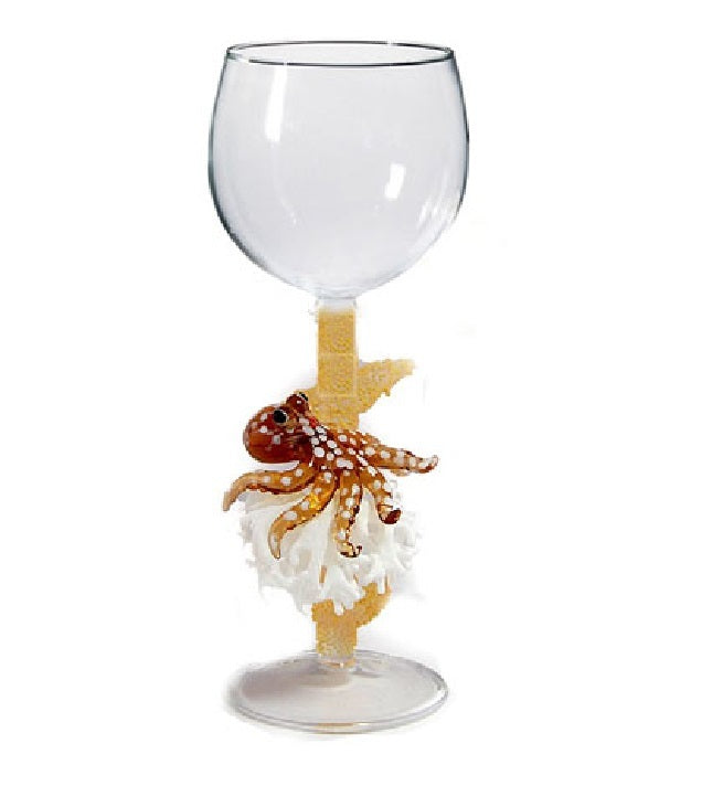 Brown Octopus w/ coral Hand Blown Wine Glass