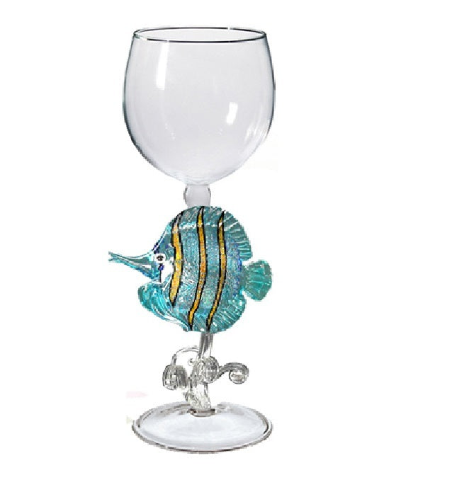 Teal Blue angel fish Hand Blown Wine Glass