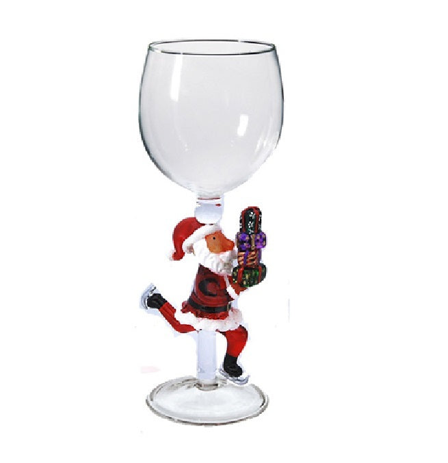 Red Santa on skates Hand Blown Wine Glass