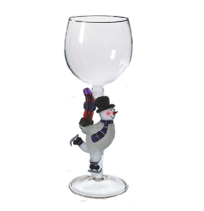 Grey Snowman w/ presents Hand Blown Wine Glass