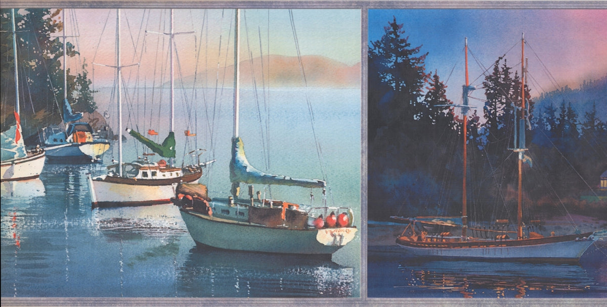 Sailboats Lake in Rectangles Extra Wide CB3067B Wallpaper Border