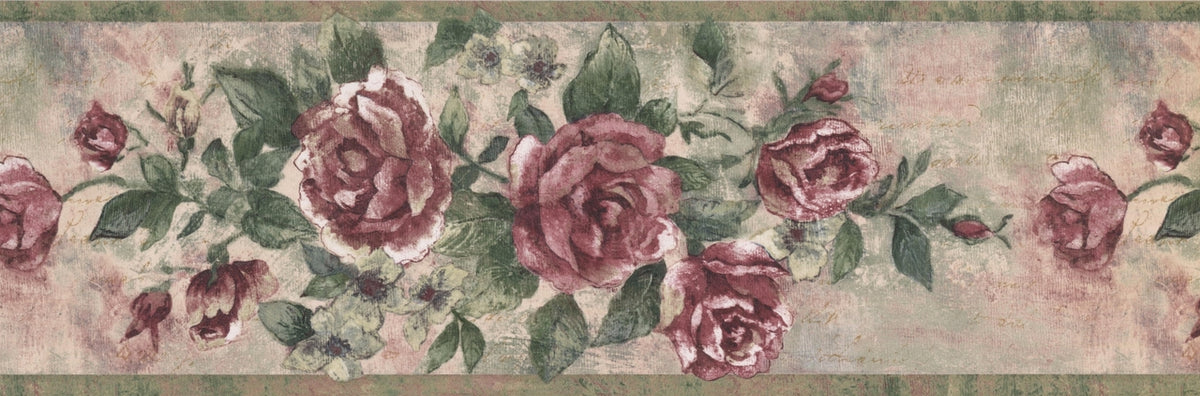 Vintage Bloomed Magenta Pink Roses on Vine FFM10171B Wallpaper Border
