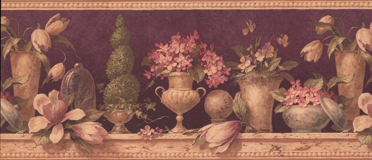 Flowers in Pots Maroon AU5022B Wallpaper Border