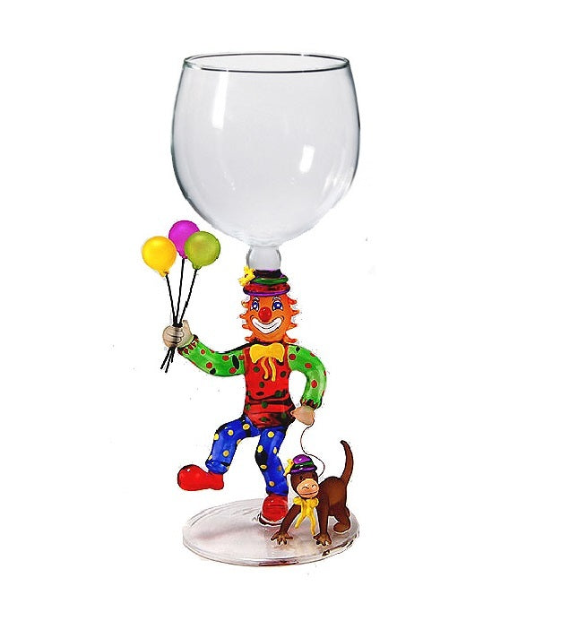 Green Clown w/ monkey Hand Blown Wine Glass