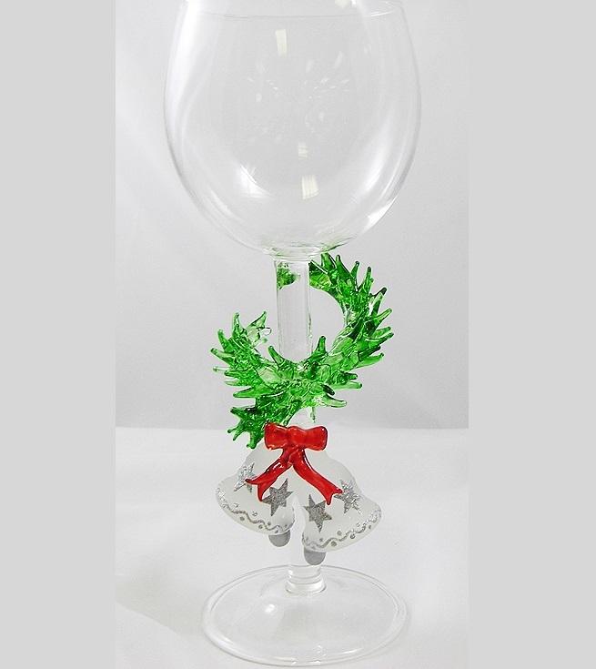 Christmas Bells Hand Blown Wine Glass