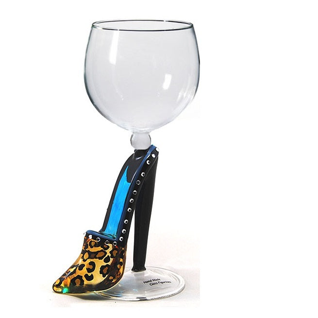 Teal High heel /Leopard print Hand Blown Wine Glass