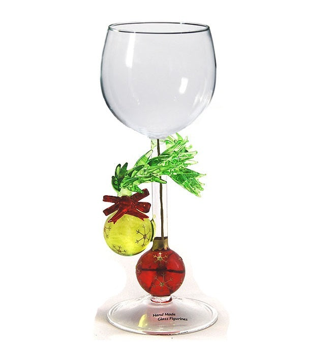 Christmas Two Ornaments Hand Blown Wine Glass