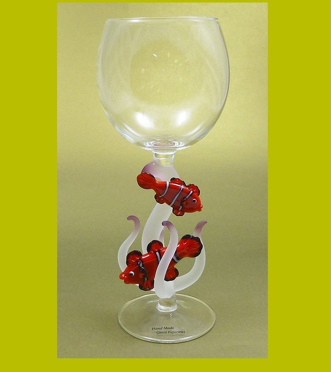 Two Clownfish with Coral Hand Blown Wine Glass