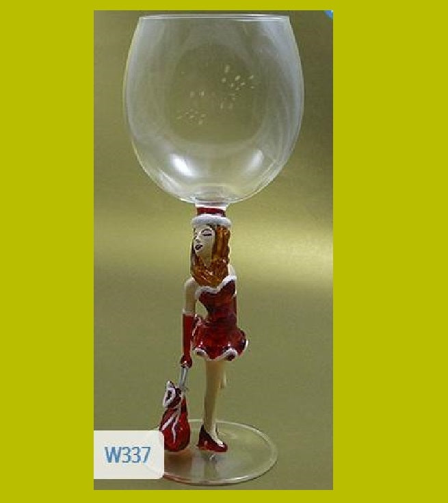 Christmas Lady with Bag  Hand Blown Wine Glass