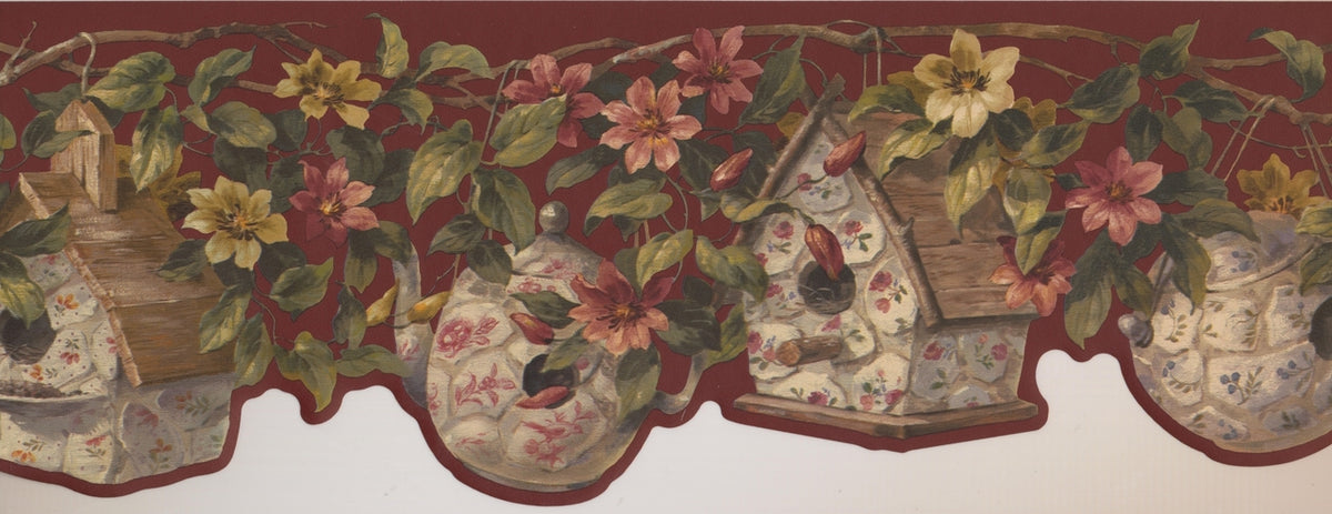 Porcelain Birdhouse Vine Yellow Flowers Maroon FFM10004B Wallpaper Border