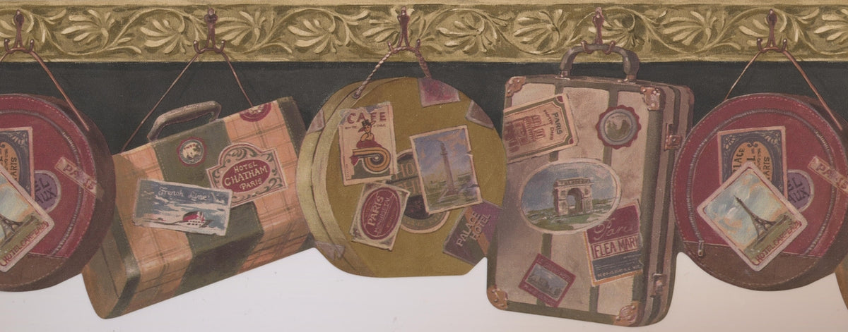 Vintage Suitcases Bags on Hooks Charcoal Green FFM10064B Wallpaper Border