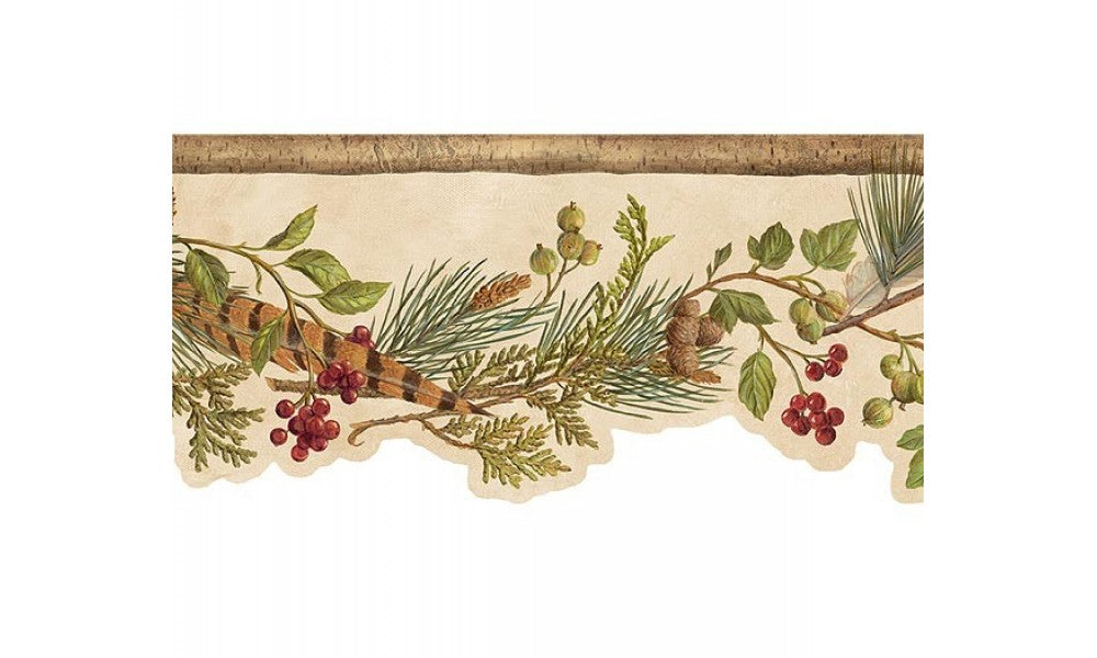 Tan Green and Red Lodge Berries TC48141 Wallpaper Border