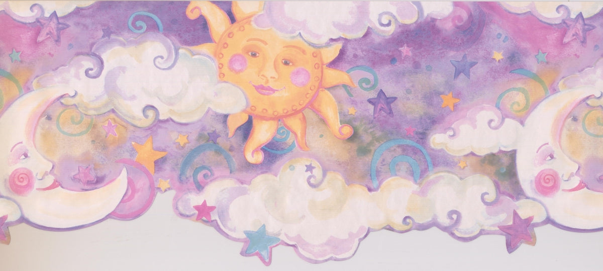 Smiling Sun Moon Purple Clouds KZ1193B Wallpaper Border