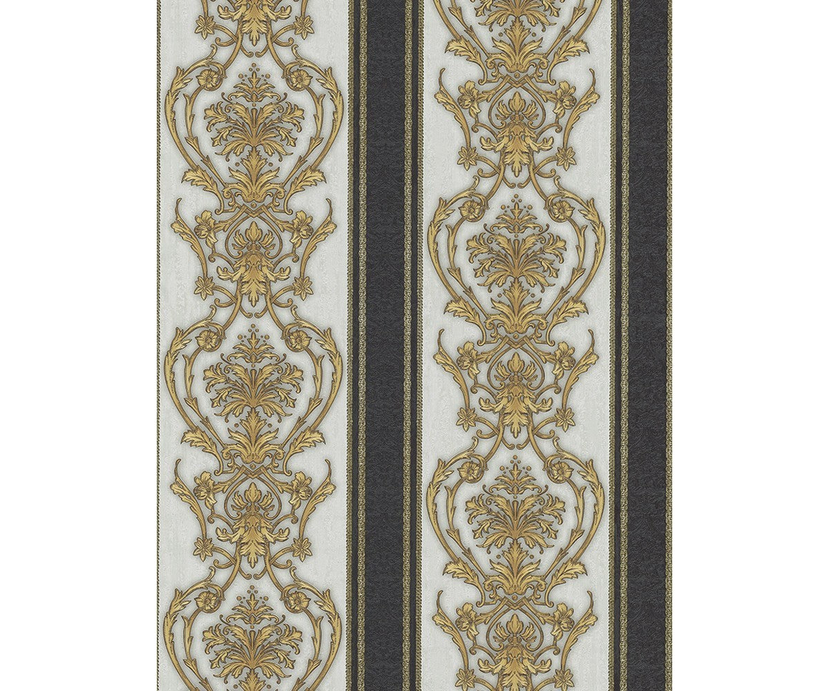 Ornated Floral Damask Stripes Gold Brown 5782-15 Wallpaper